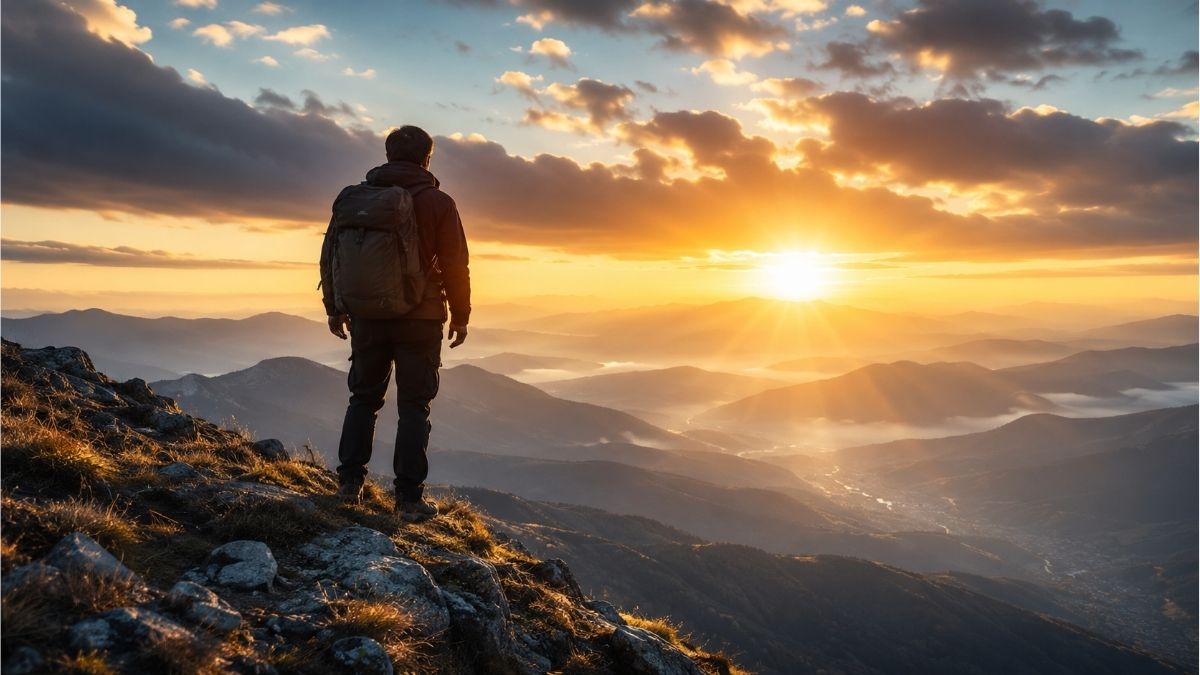 Person standing on a mountain at sunrise overlooking a peaceful valley, symbolizing hope and strength in overcoming challenges