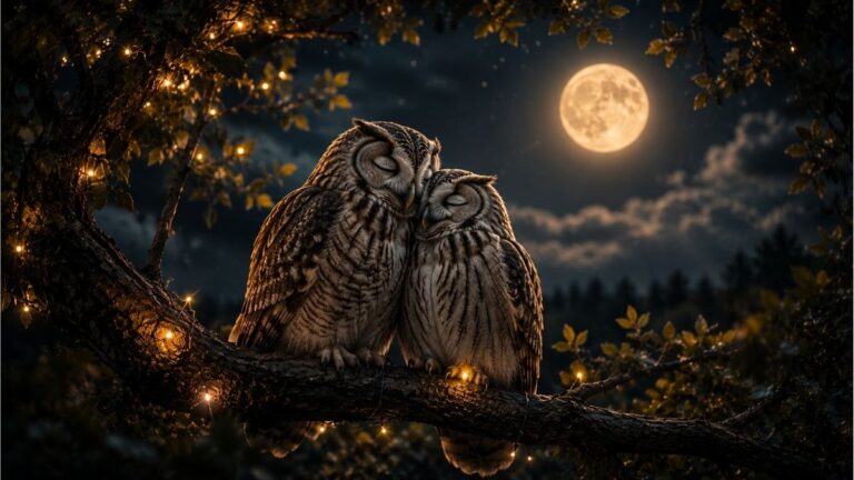 Two owls cuddling on a tree branch beneath a glowing full moon in a peaceful forest