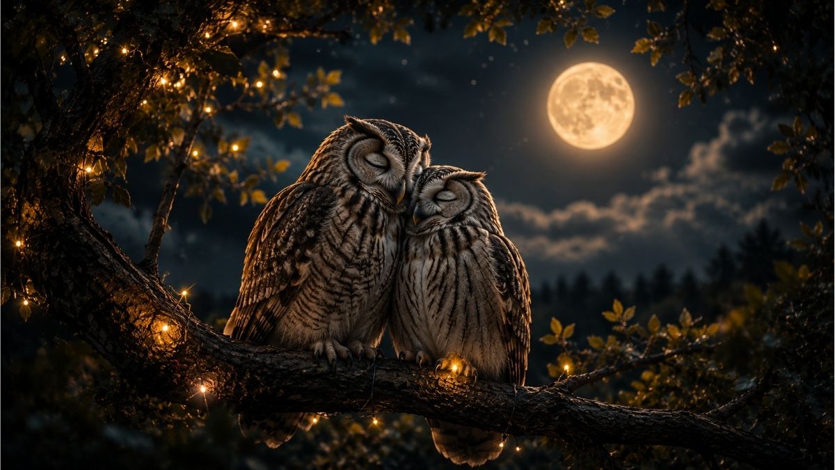 Two owls cuddling on a tree branch beneath a glowing full moon in a peaceful forest