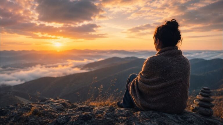 Solitary figure wrapped in a shawl overlooking a sunrise across misty mountains, reflecting Patience Strong poetry themes of faith hope work and quiet courage