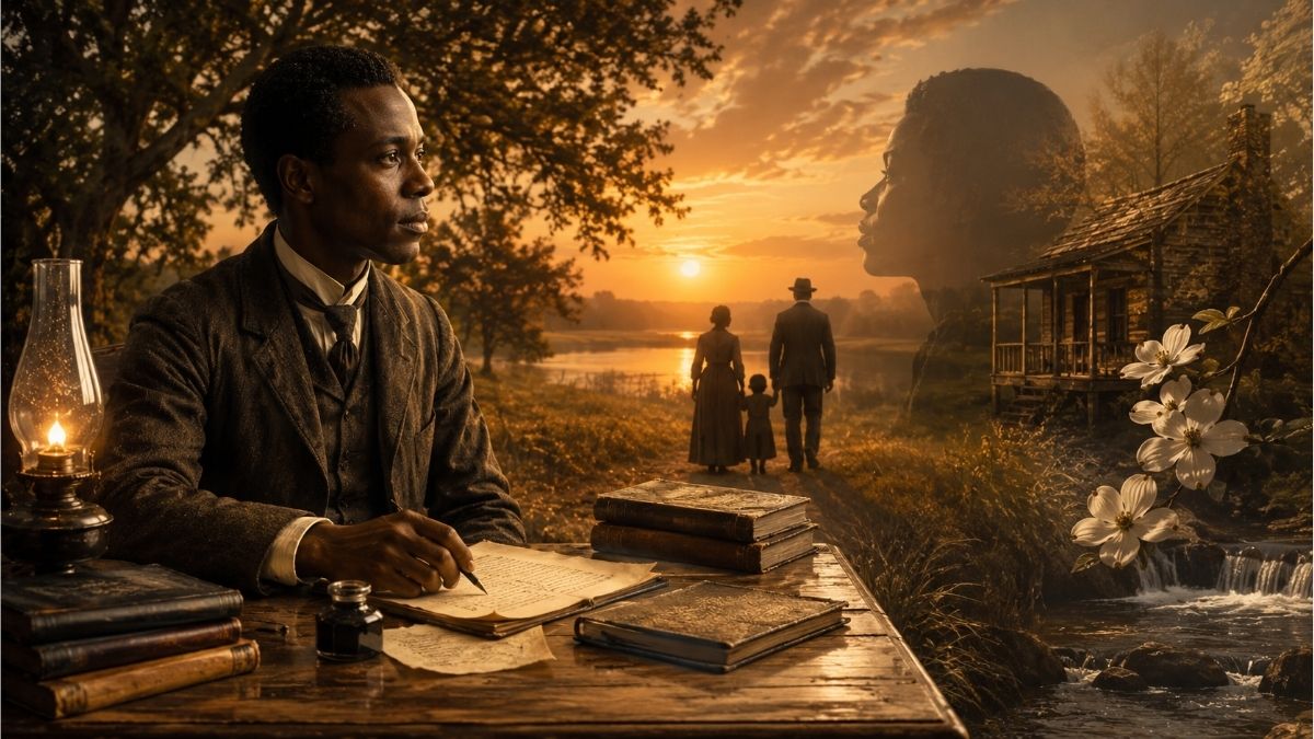 Writer at a desk overlooking a family, countryside, and flowing stream reflecting themes in Paul Laurence Dunbar poetry