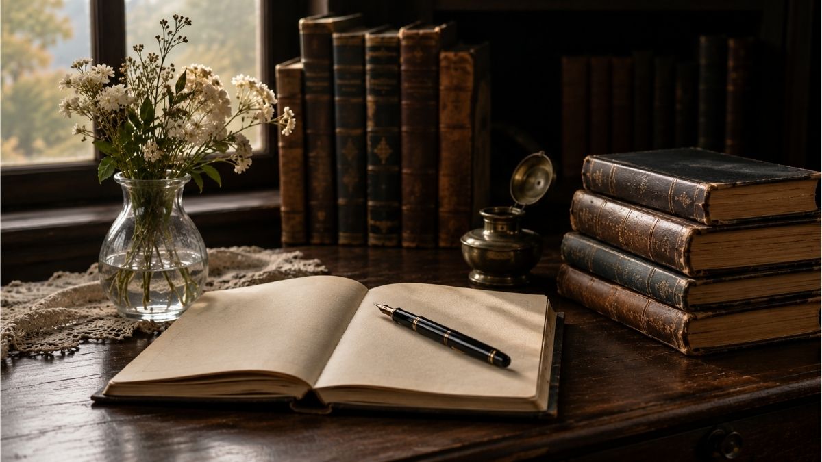 Open notebook with a fountain pen on a wooden desk beside classic books and white flowers in a vintage study