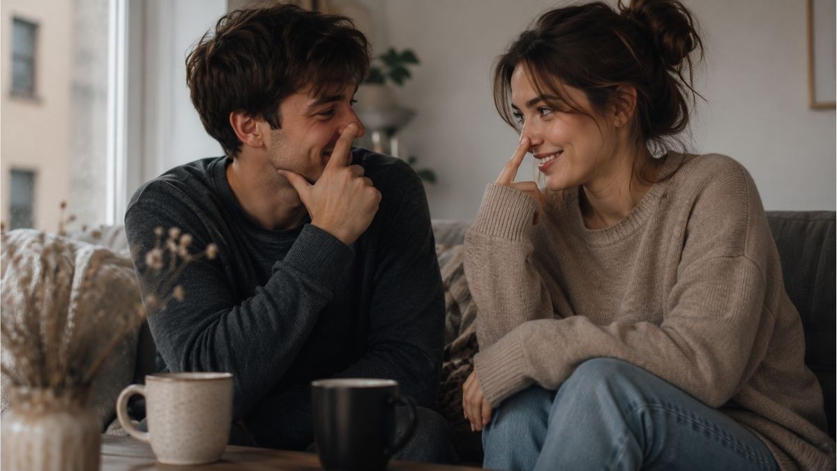 Couple smiling playfully at each other while sitting together in a cozy living room