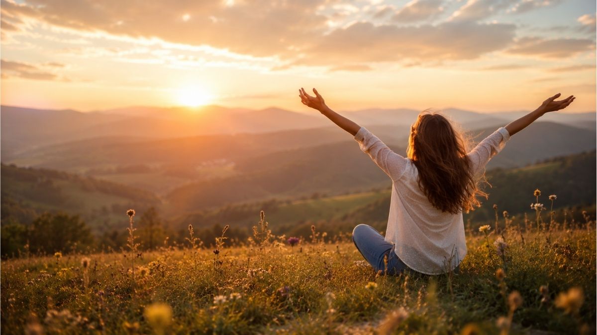 young girl enjoying a peaceful sunset in a wildflower meadow, reflecting happiness over wealth