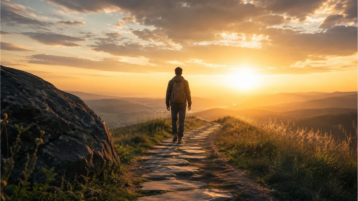 Person walking along a sunrise mountain path, symbolizing change in life, personal growth, and new beginnings