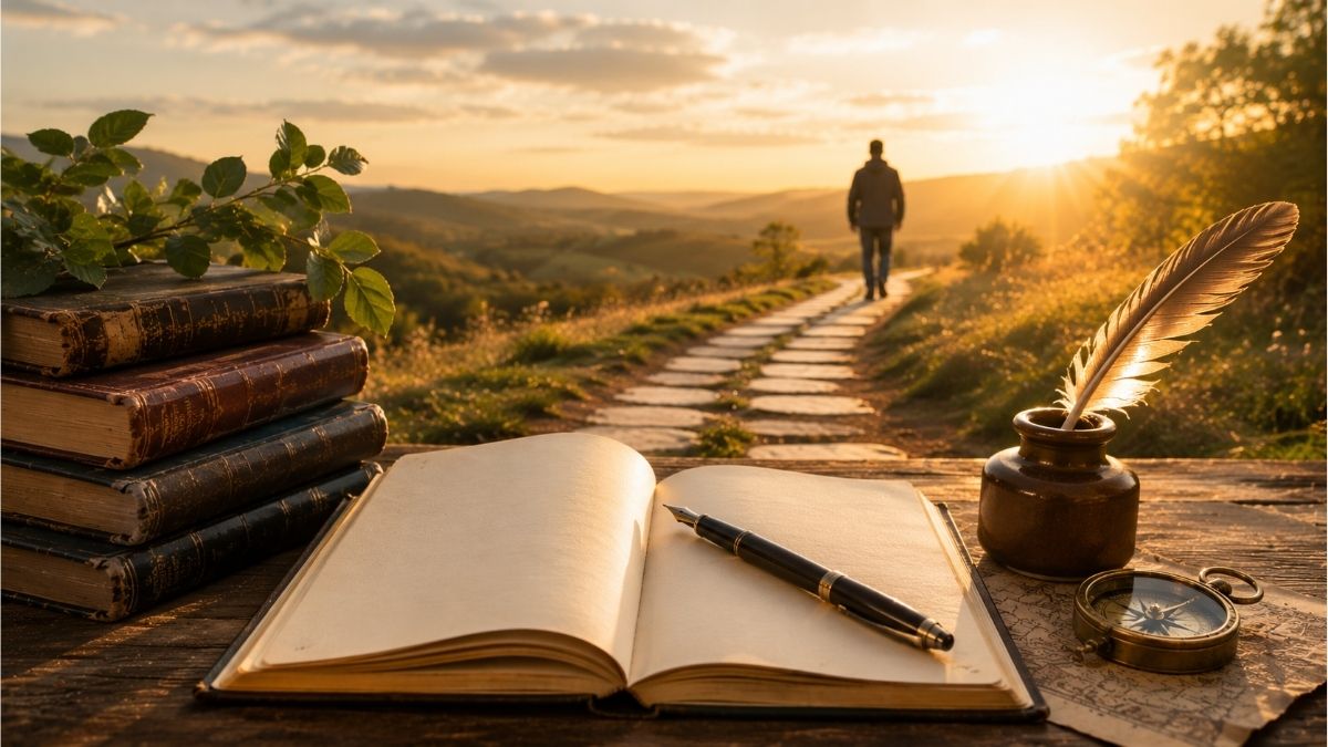 Open journal and classic books beside a sunlit path with a person walking toward the horizon