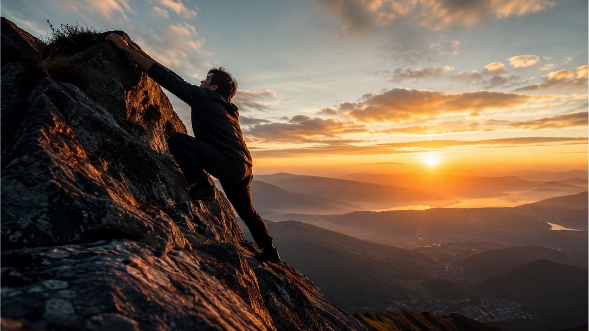 Person climbing a steep mountain at sunrise, symbolizing effort, hard work, and the journey to success