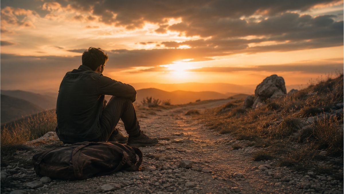 Person sitting alone on a rocky mountain trail at sunset reflecting on failure in life and personal growth