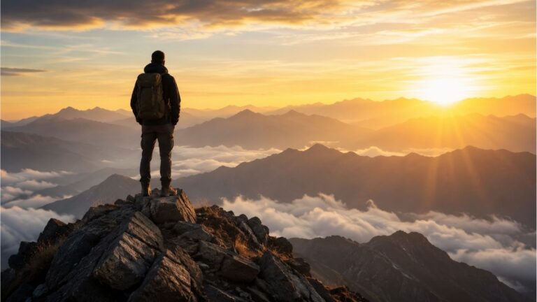 Person standing on a mountain summit at sunrise overlooking vast peaks, symbolizing greatness, character, and inner strength