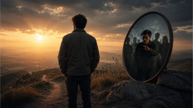 Person facing a mirror at sunset with a reflective figure, symbolizing judging others and self-examination