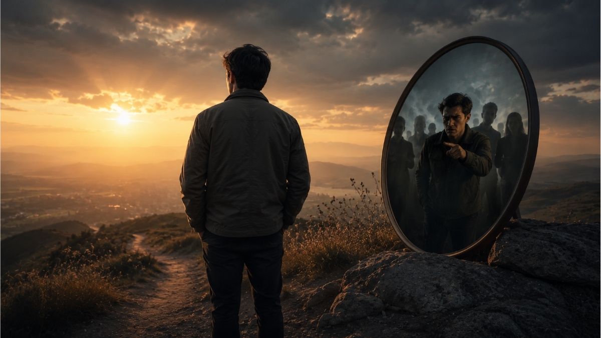Person facing a mirror at sunset with a reflective figure, symbolizing judging others and self-examination
