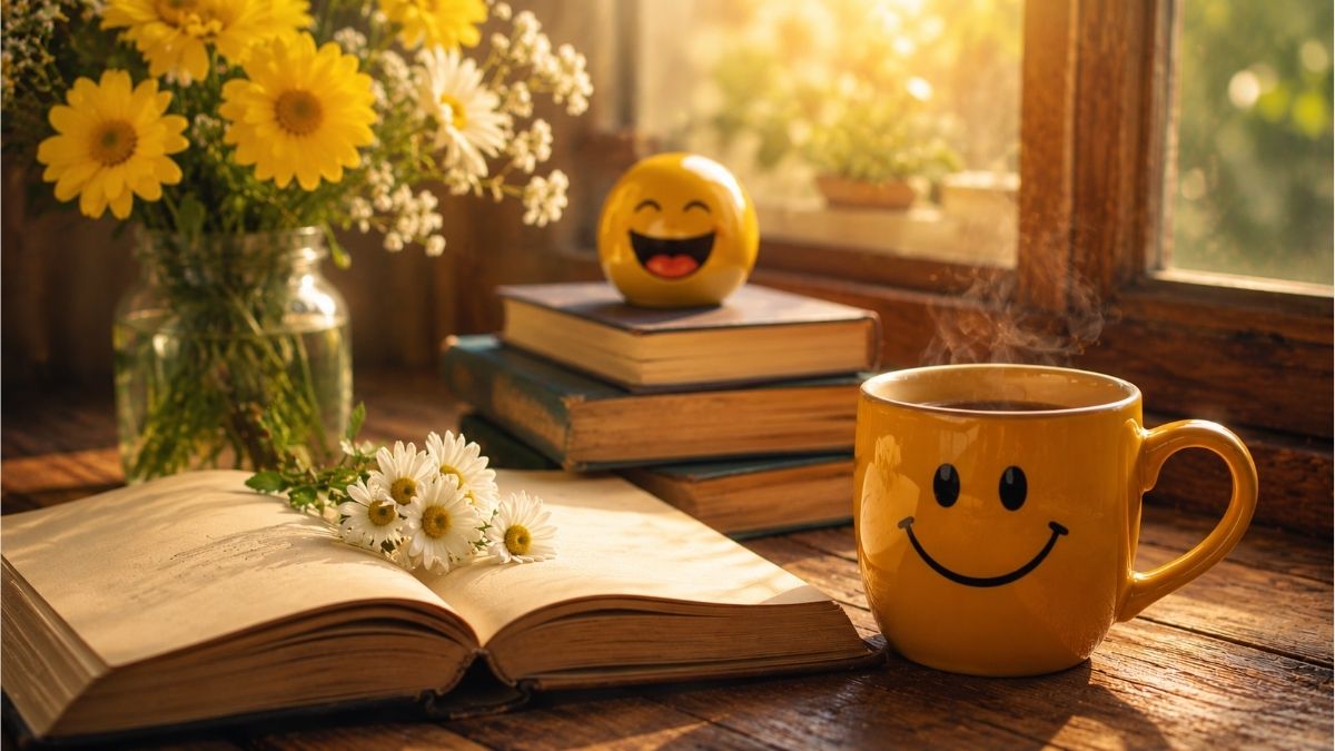 Open poetry book with cheerful yellow flowers and a smiling mug in a bright, joyful reading setting