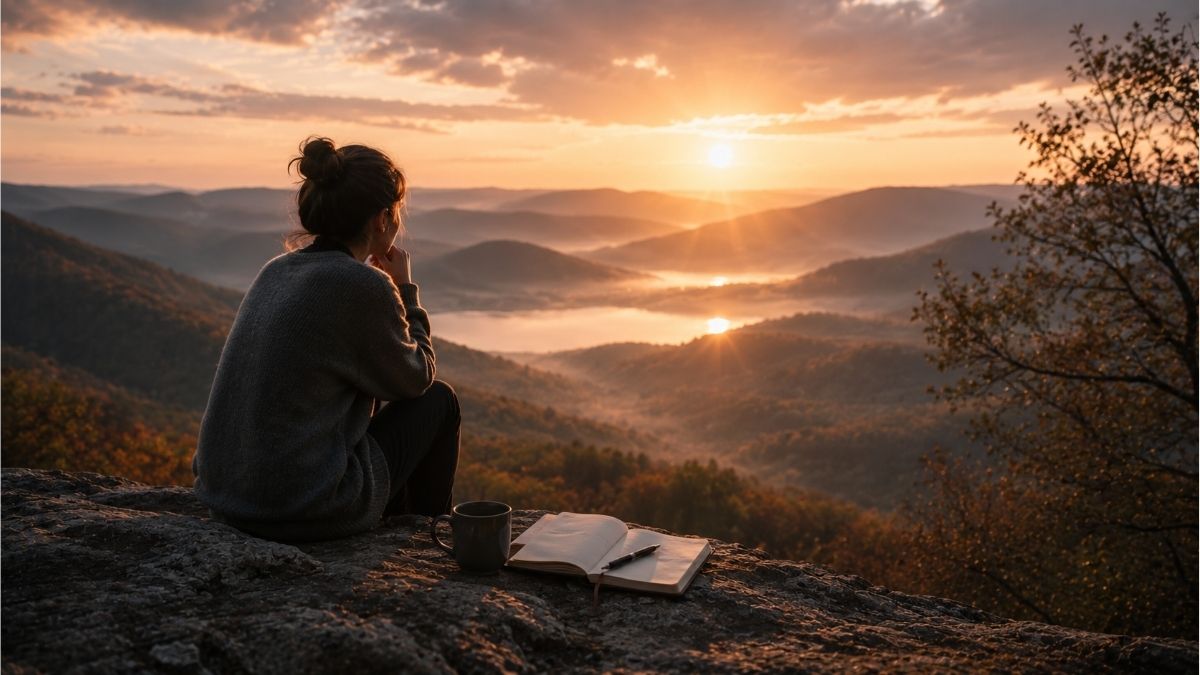 girl reflecting beside an open notebook while overlooking a mountain valley at sunrise