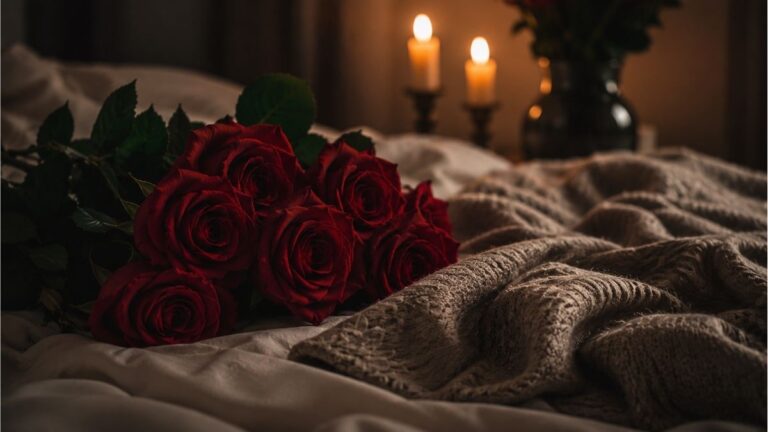Red roses resting on soft bed linens with candlelight creating an intimate romantic atmosphere