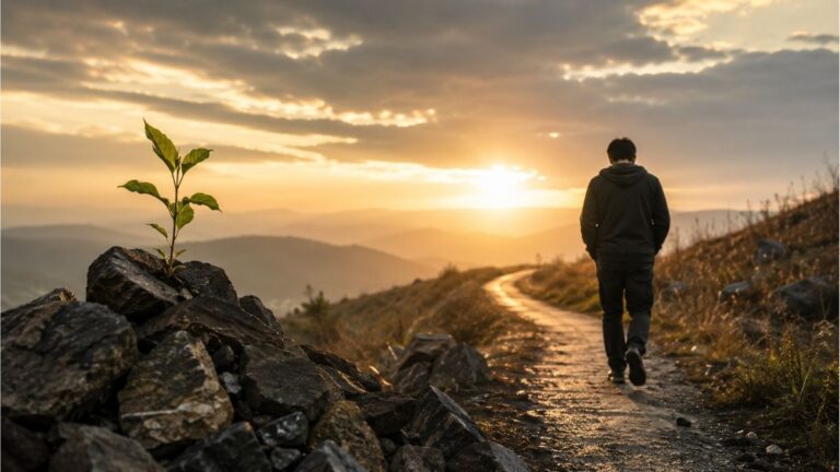 Solitary person walking along a winding path toward sunrise, symbolizing mistakes, regret, and second chances in life