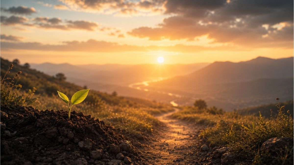 Young green sprout beside a winding path leading toward a golden sunrise over distant mountains