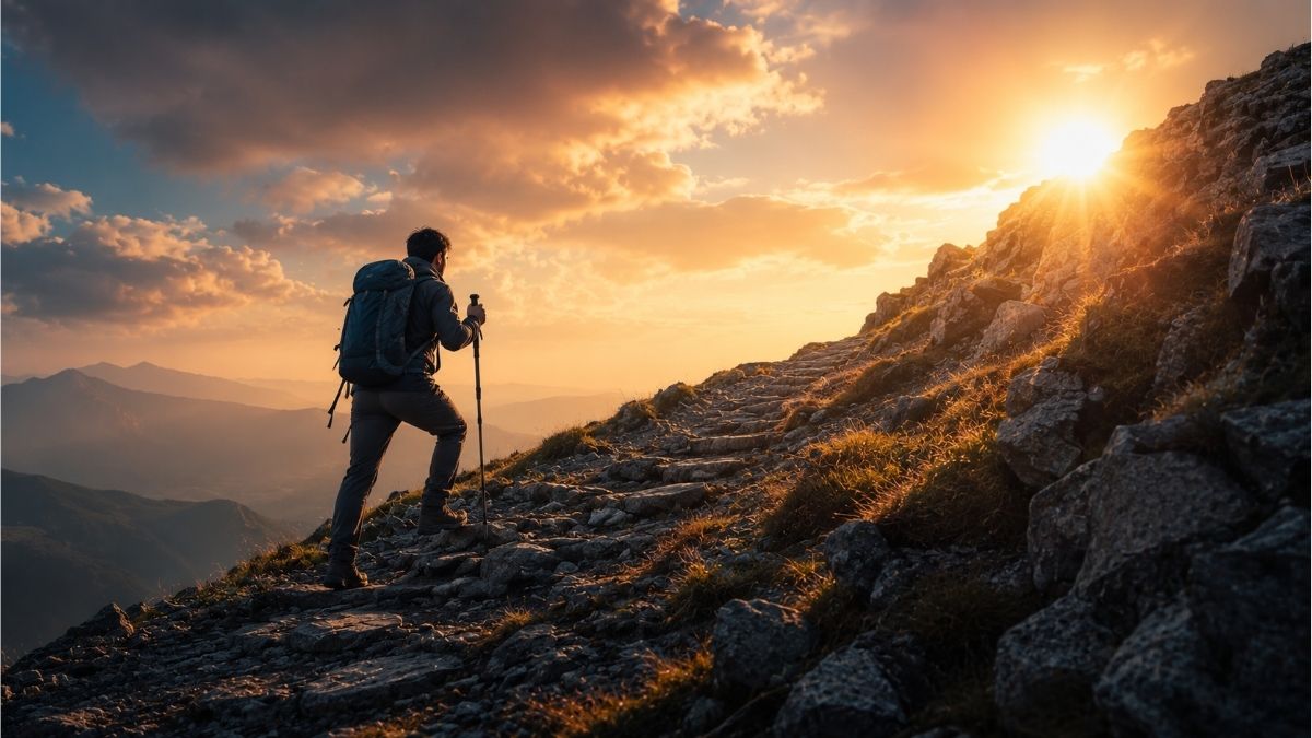 Hiker climbing a rocky mountain trail toward the sunrise, representing perseverance and personal growth