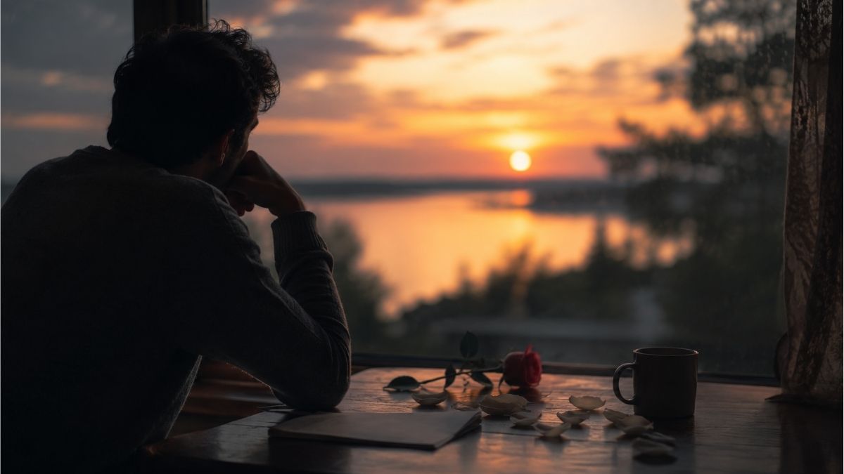 Person sitting quietly by a window at sunset with a rose and scattered petals, reflecting on regret and lost love
