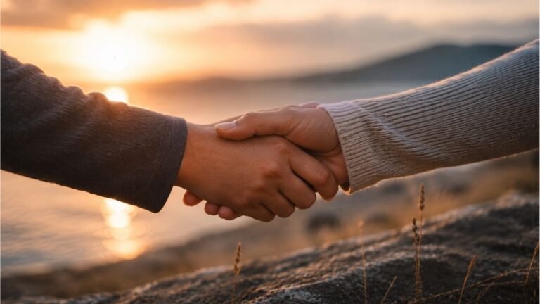 Two people sharing a respectful handshake at sunset beside a peaceful lakeshore, symbolizing respect and understanding