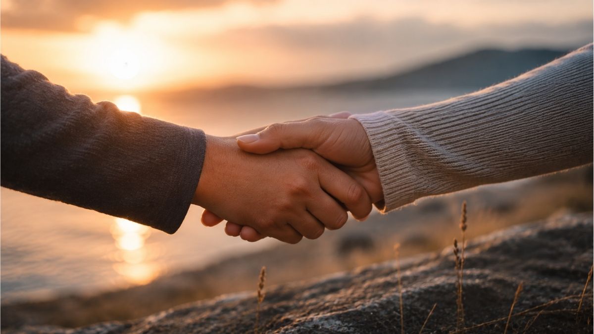Two people sharing a respectful handshake at sunset beside a peaceful lakeshore, symbolizing respect and understanding