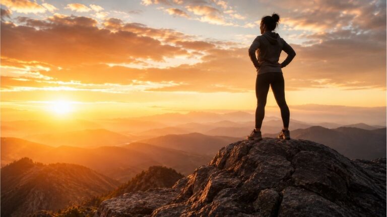 women standing on a mountain summit at sunrise overlooking a vast landscape symbolizing strength and resilience