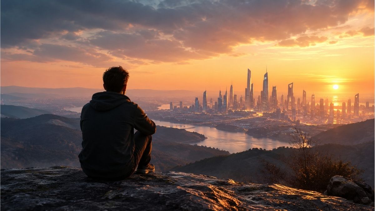 Person overlooking a futuristic city skyline at sunrise symbolizing hope and the future in poetry