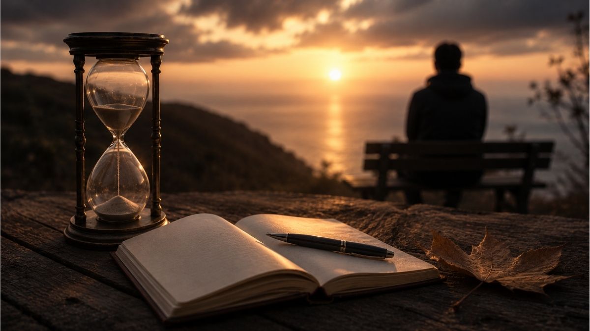 Hourglass beside an open notebook overlooking a sunset as a solitary figure reflects on passing time