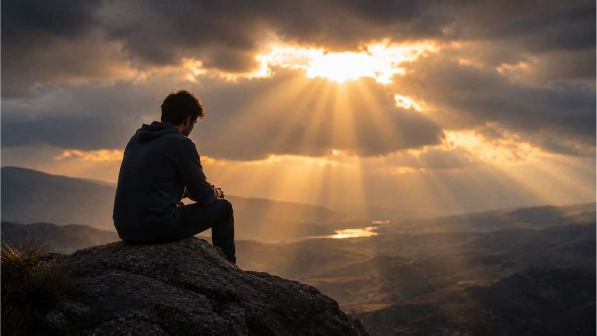 Person sitting on a rocky hillside beneath rays of sunlight, reflecting trust in God during hard times