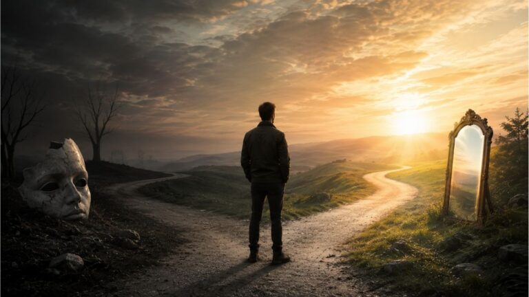 Person standing at a forked road between a dark path and a sunlit landscape with a broken mask and mirror