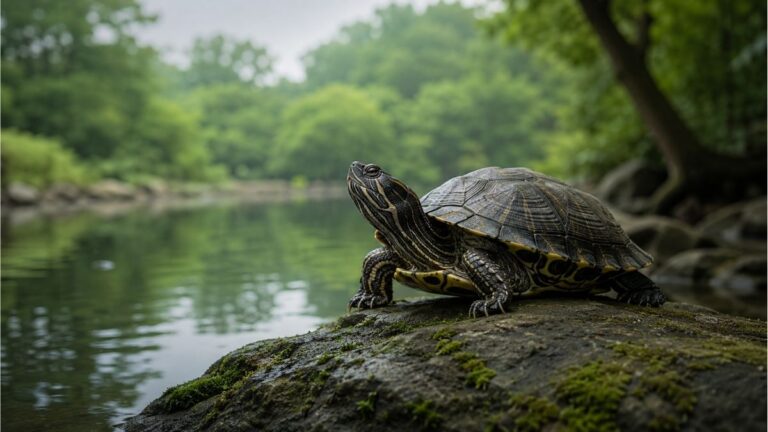 Realistic turtle resting on a moss-covered rock beside a calm pond in a peaceful natural setting