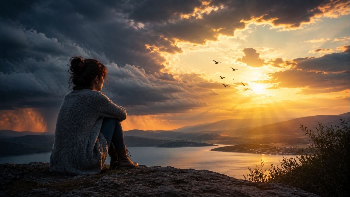 young girl overlooking a lake beneath storm clouds and golden sunrise, symbolizing worry, fear, hope, and peace