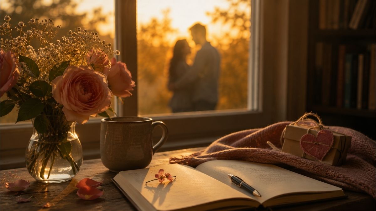 Romantic window scene with roses, an open journal, and a couple embracing at sunset