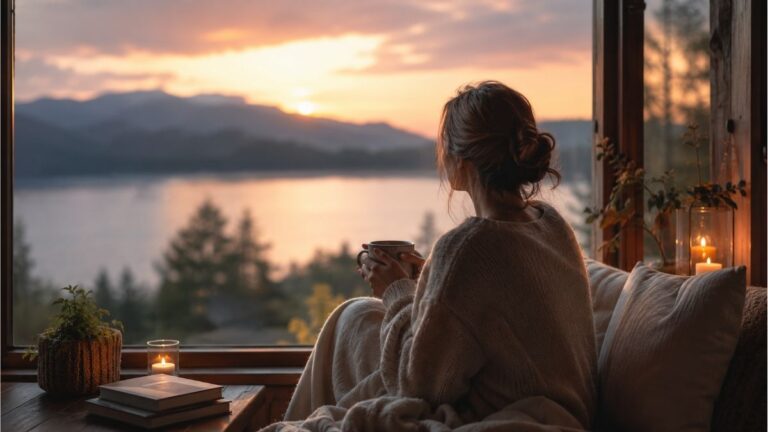 Peaceful woman sitting by a window with a warm drink overlooking a calm lake at sunset, reflecting the soothing theme of poems to relieve stress and calm your mind