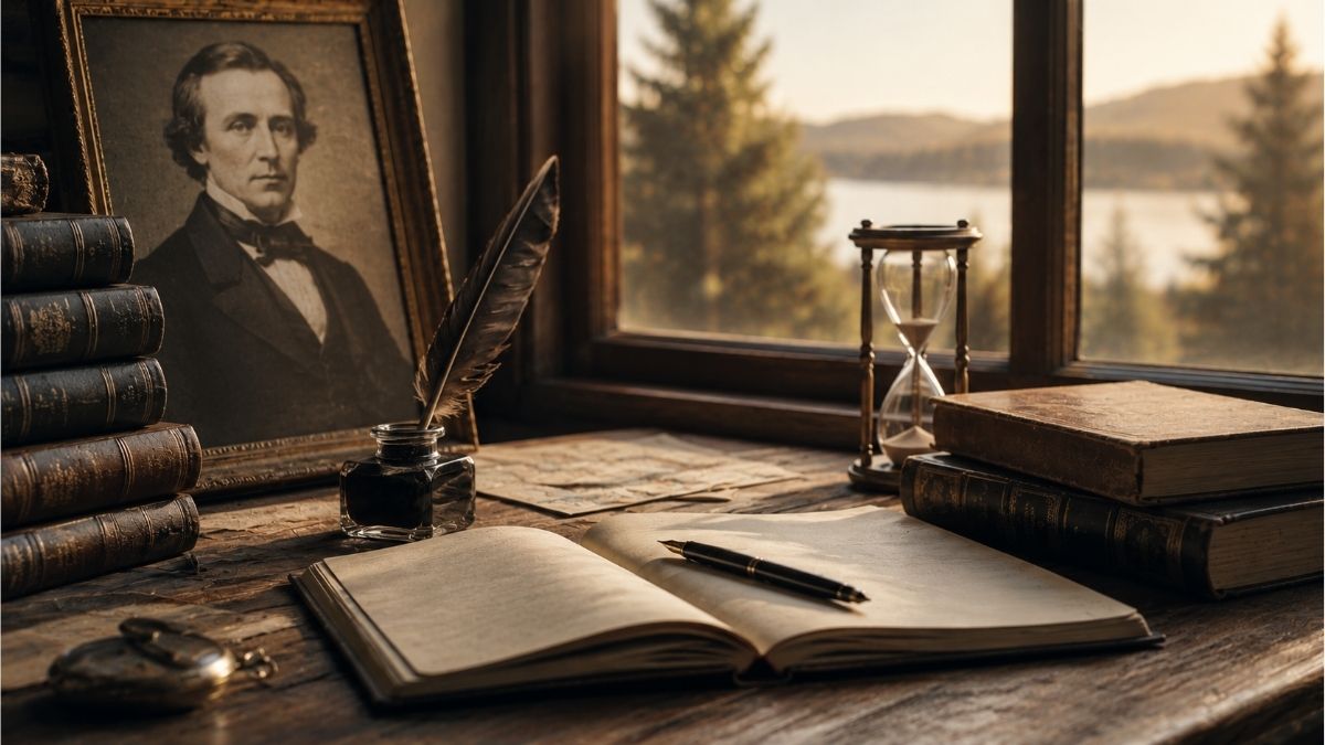 Vintage writing desk with classic books, an open notebook, quill pen, and a portrait reflecting Ralph Waldo Emerson poems