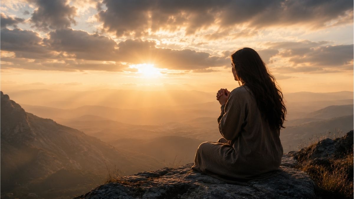 Woman praying on a mountain at sunrise, reflecting Christian faith, trust in God, and spiritual hope