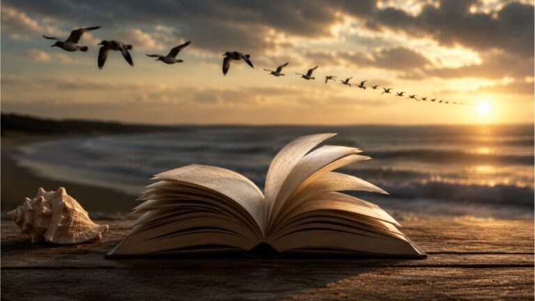 Open book with turning pages beside a seashell and birds flying over the ocean at sunset, representing repetition poems