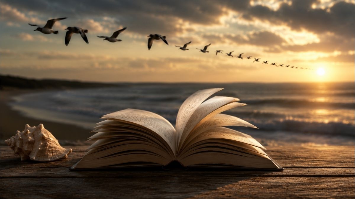Open book with turning pages beside a seashell and birds flying over the ocean at sunset, representing repetition poems