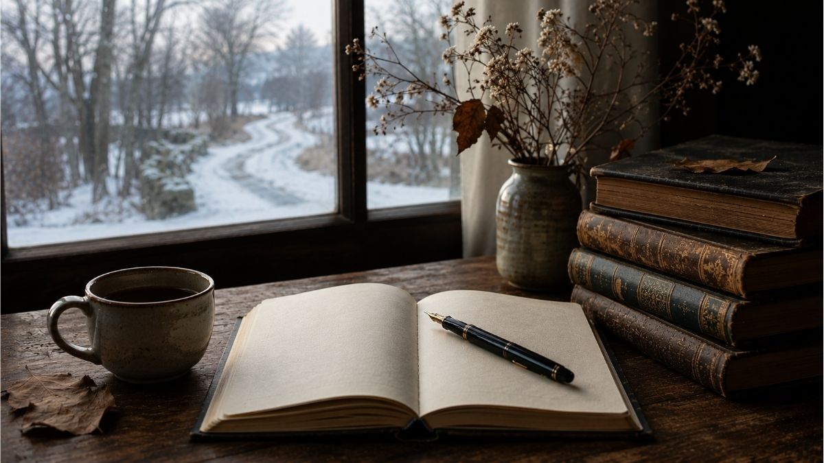 Open notebook with a fountain pen beside vintage books and a snowy landscape viewed through a window