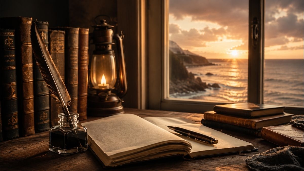 Vintage writing desk with classic books, quill, ink bottle and open notebook overlooking a seaside sunset for Robert Louis Stevenson poems