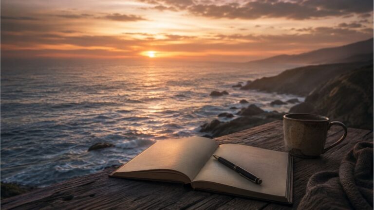 Open notebook and pen on a wooden table overlooking a calm ocean at sunset, reflecting the themes of Rod McKuen poems