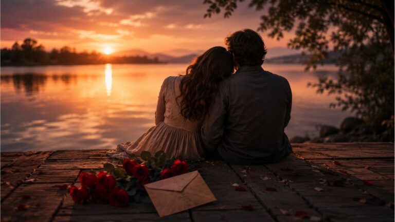 Couple sitting together by a peaceful lakeside at sunset with red roses and a handwritten letter, symbolizing romantic love poems