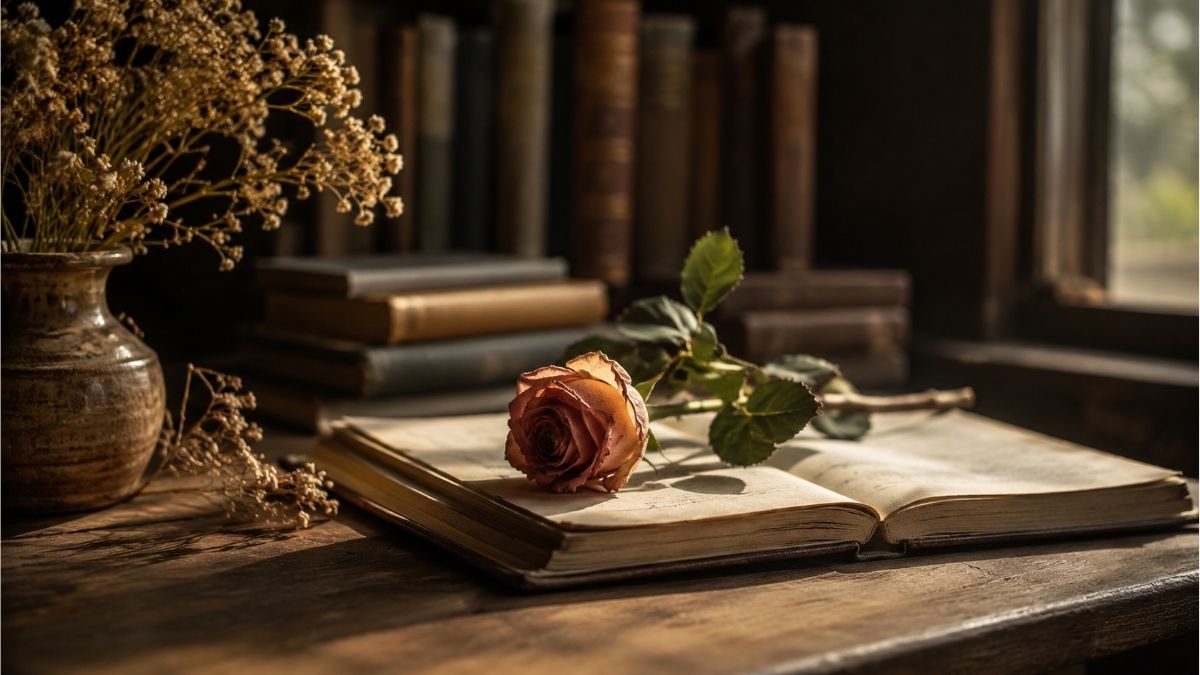 Vintage rose resting on an open book in a softly lit literary setting inspired by A Rose to the Living and Nixon Waterman poems