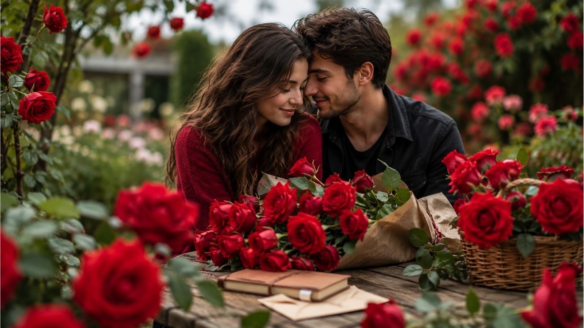 Romantic couple surrounded by blooming red roses in an elegant garden setting