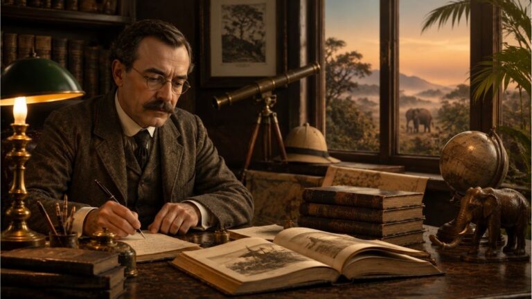 Vintage writer’s study with classic books, globe, elephant figurine, and open notebook inspired by Rudyard Kipling poems