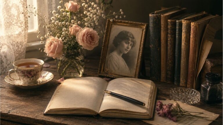 Vintage writing desk with an open journal, roses, classic books, and a portrait inspired by Sara Teasdale poems