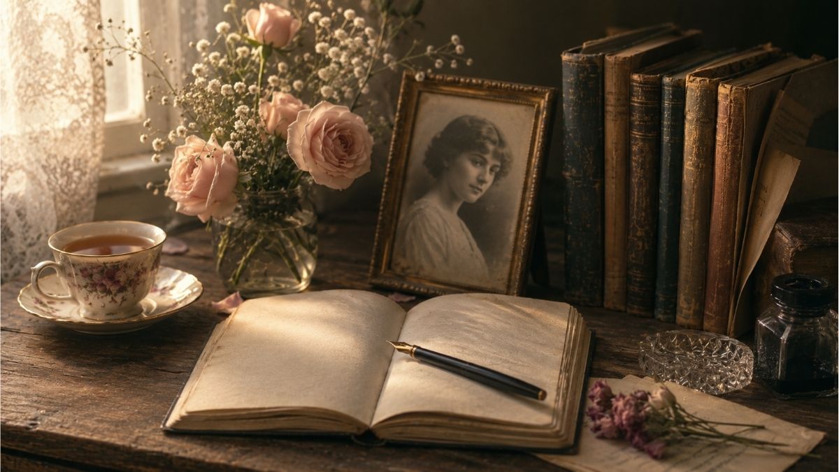 Vintage writing desk with an open journal, roses, classic books, and a portrait inspired by Sara Teasdale poems