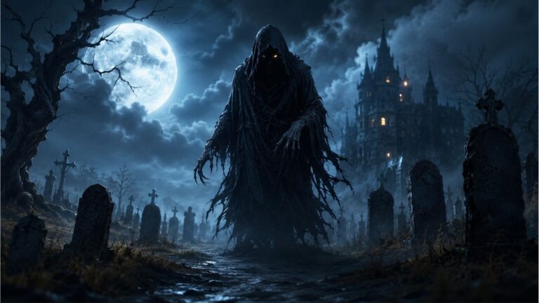 Shadowy monster standing in a foggy graveyard beneath a full moon with a distant haunted castle for scary Halloween poems