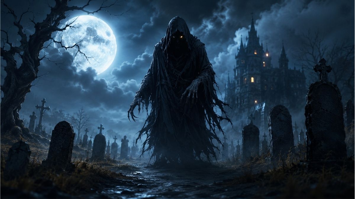 Shadowy monster standing in a foggy graveyard beneath a full moon with a distant haunted castle for scary Halloween poems