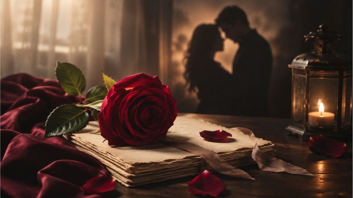 Red rose resting on a vintage poetry book with a couple silhouetted in soft candlelight