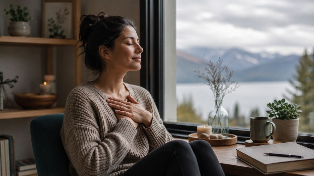 Woman sitting peacefully by a window with hands over her heart in a calm space for self-love and healing